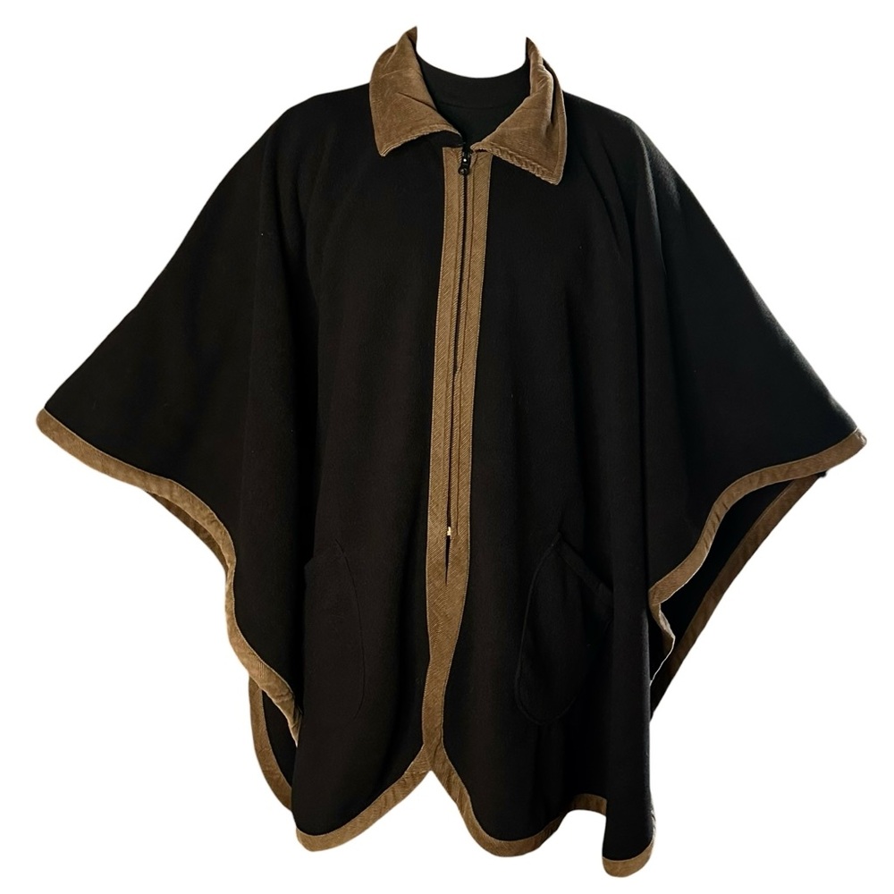 Le Moda Poncho OS Cape Fleece Corduroy Trim Black Sweater